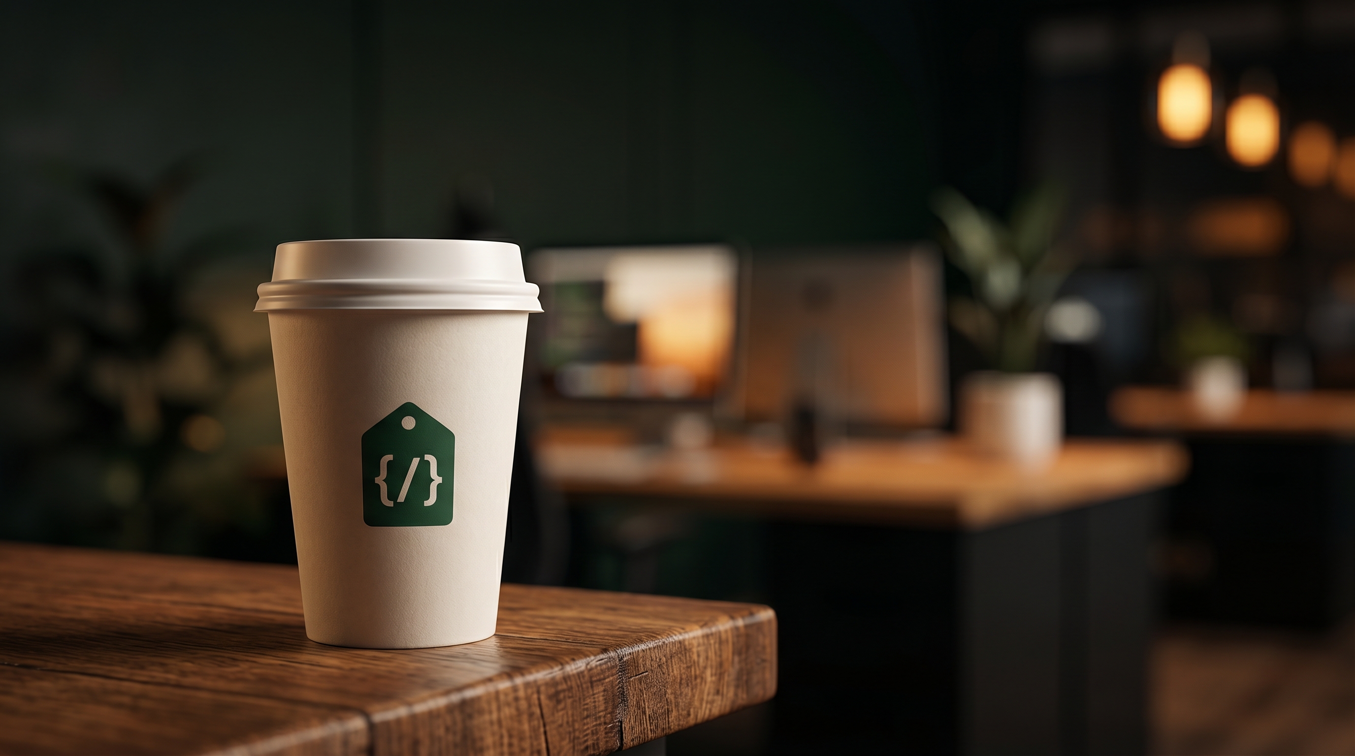 Um copo de café Loja de Códigos no balcão de madeira desfocado